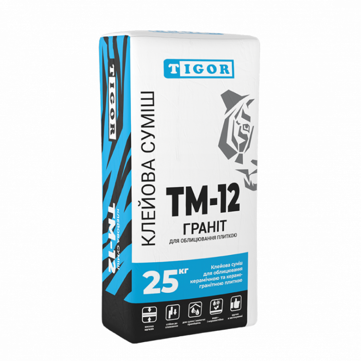 Клейова суміш для облицювання поверхонь керамічною та керамогранітною плиткою ТМ-12 ГРАНІТ, TIGOR, сірий (25 кг)